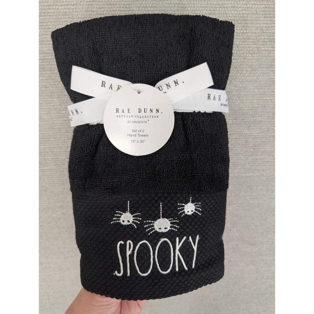 2 NWT RAE DUNN Black “SPOOKY” Halloween Hand Towels Spiders 16"x 30"